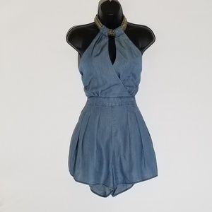Bebe|Chambray Halter w/ Gold Chain Necklace Romper